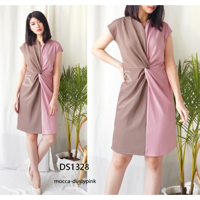 DS1328 - DRESS PESTA BASIC KNOT SEPAN SCUBA DRESS KANTOR WANITA GROSIR - HITAM-PLUM