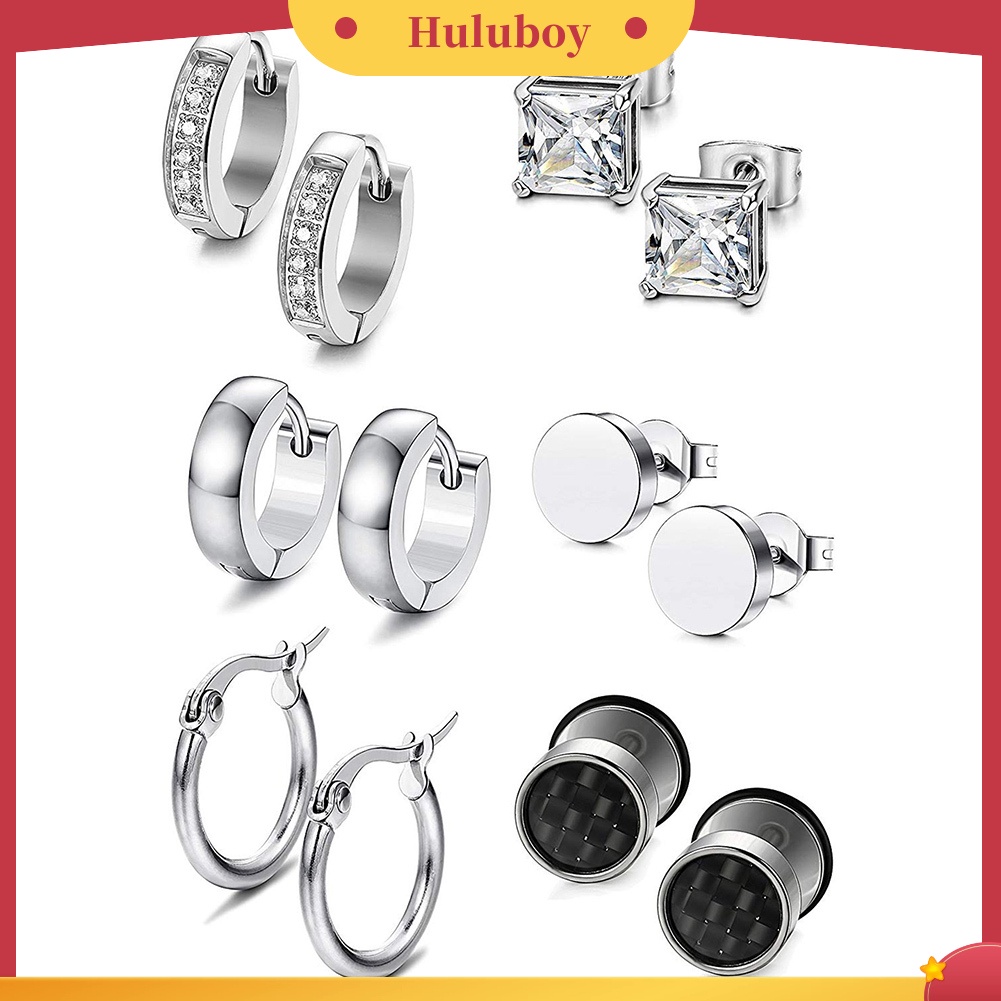 Hu Hu Hu Hu Hu Alat Bantu Pasang Kacamata♡ 6 Pasang Anting Stud Bahan Stainless Steel Aksen Berlian Imitasi Untuk Unisex