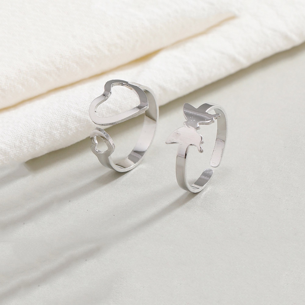 2pcs / Set Cincin Model Terbuka Bahan Metal Lapis Silver Desain Kupu-Kupu / Hati Adjustable Untuk Wanita
