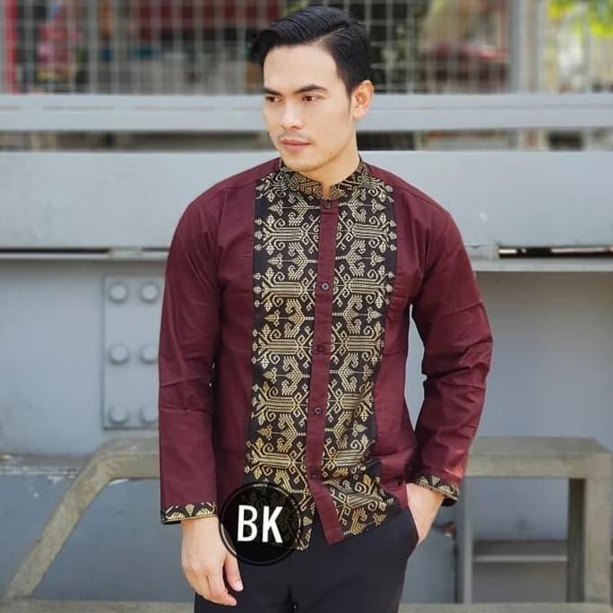 PRODUK READY... BAJU KOKO BATIK - KOKO KOMBINASI BATIK PRADA EMAS - MAROON, M MURAH