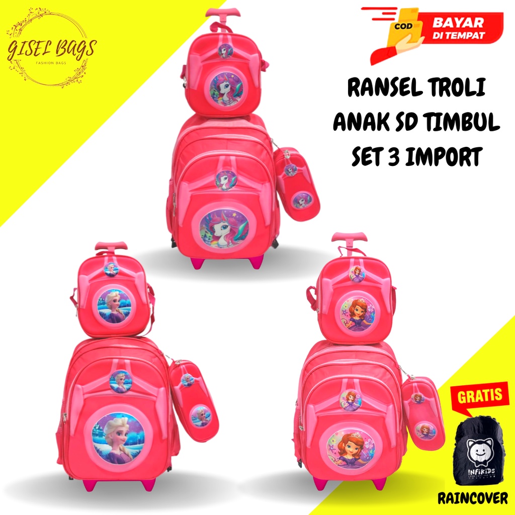 GB-Tas ransel troli anak perempuan SD tas ransel troli timbul tas ransel troli karakter lucu tas ransel troli import