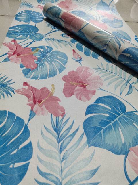 Grosir Murah Wallpaper Stiker Dinding Bunga Flamboyan Putih Biru