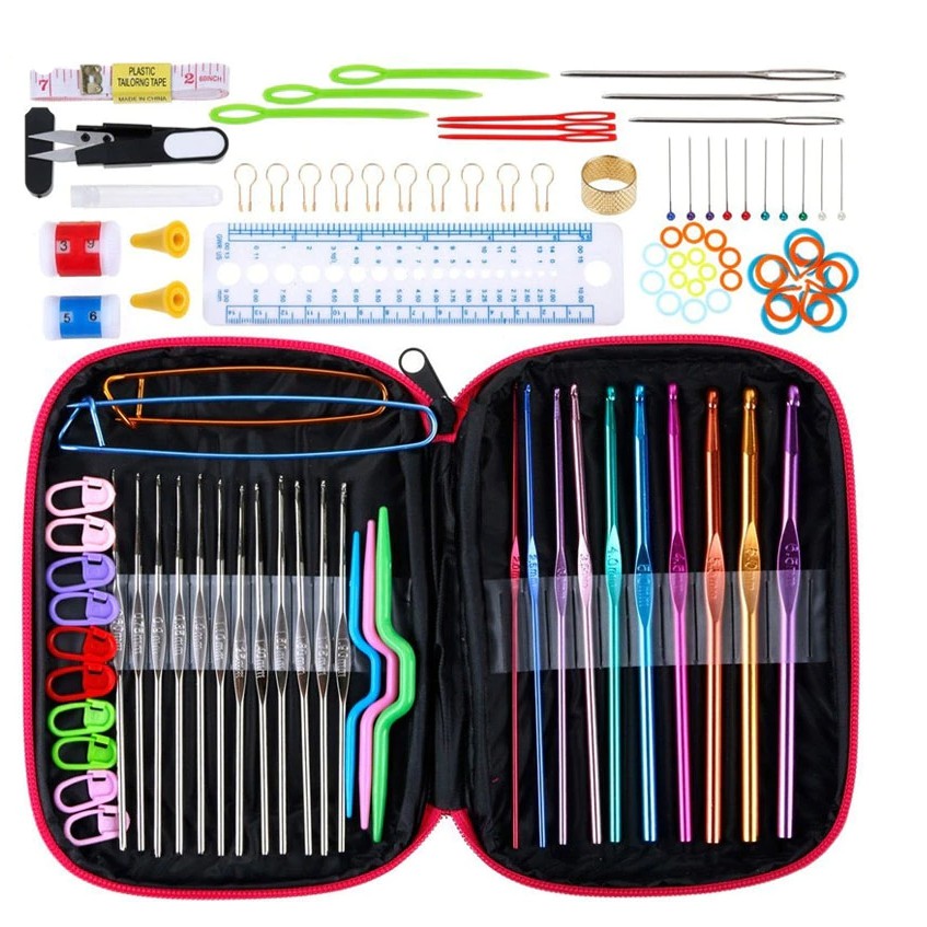 AnekaBenang - Hakpen (Alat/Jarum Rajut) ANK Alumunium dompet PINK / With Bag Crochet Hooks ISI 100 - SET