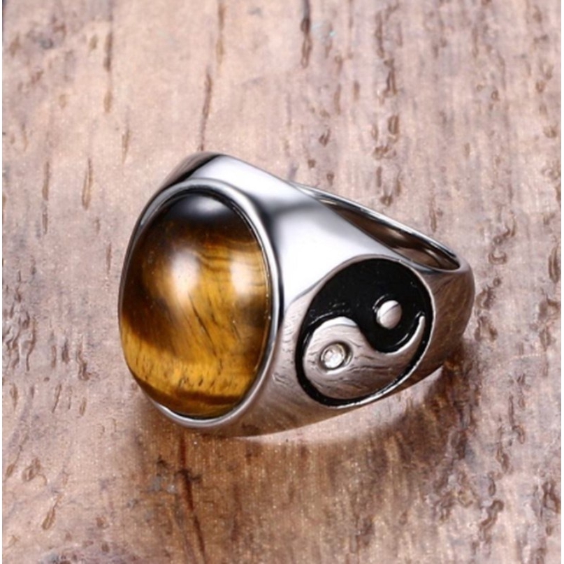 SEUSUK Vintage Boy Oval Tiger Eye Brown Stones with Yin Yang Symbol Ring Jewelry