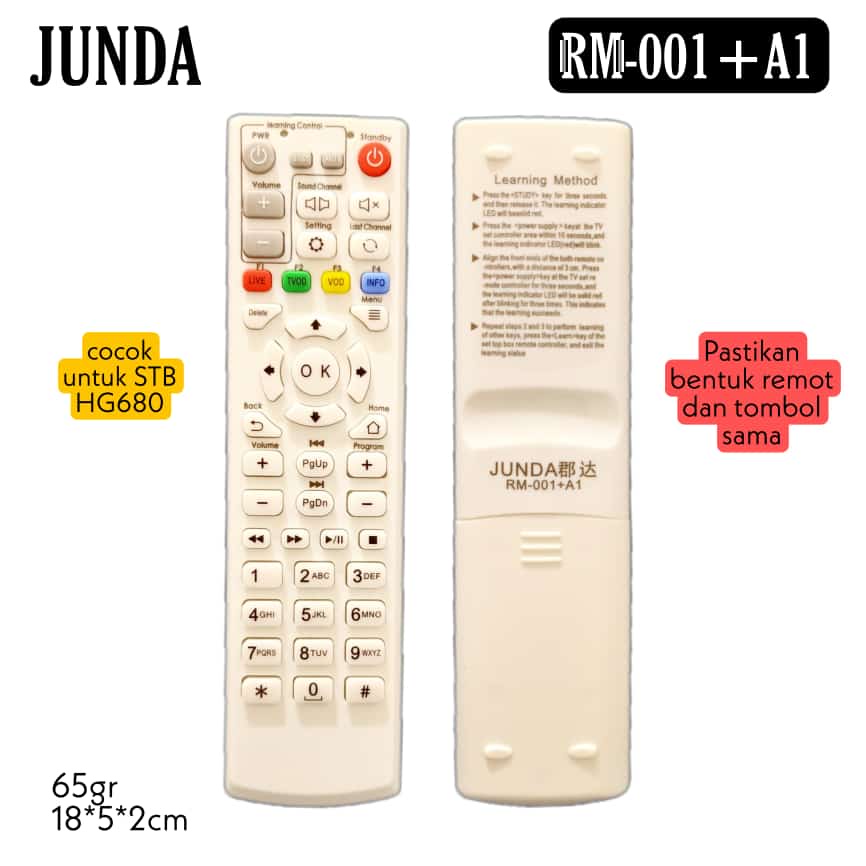 Remot JUNDA RM-001+A1 cocok untuk STB HG680 REMOTE SET TOP BOX