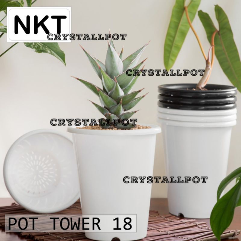 pot bunga tanaman tinggi nkt tower putih 18cm - nkt