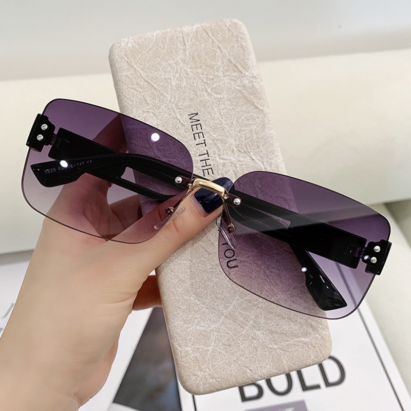Kacamata Hitam Persegi Baru Frameless Retro UV400 Kacamata Hitam Wanita/Pria Lensa Gradasi Kacamata Pantai