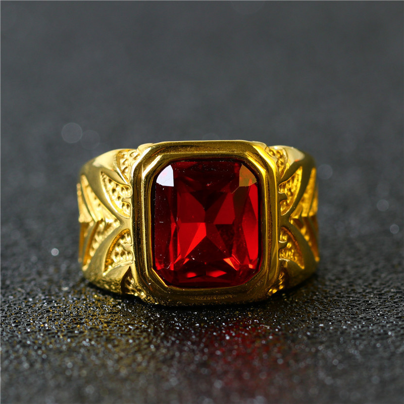 Cincin Emas Hias Berlian Imitasi Merah Ukuran 15.5mm Gaya Eropa Dan Amerika