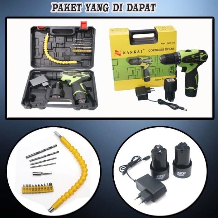 NANKAI Cordless Drill 10mm Mesin Bor Baterai Cas 10mm Full Asesoris