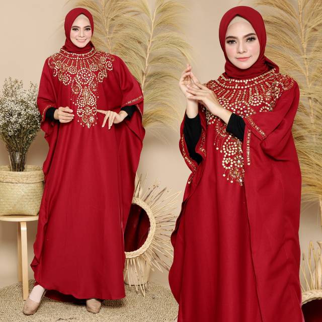 Kaftan pesta wallcrepe import mewah jumbo permata emas modern Raisa