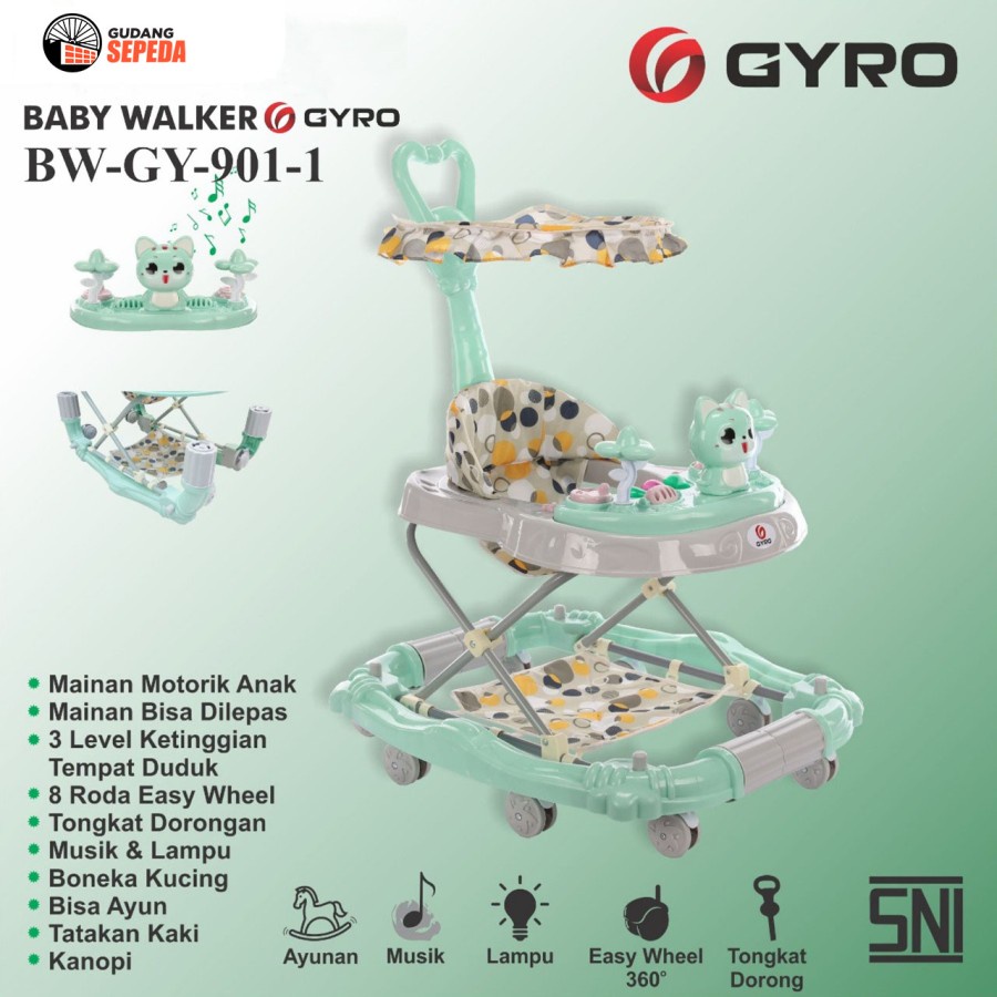 Baby Walker Gyro GY 901 Kereta Dorong Balita Kanopi Ayunan Dorongan Garansi Original SNI-Hijau