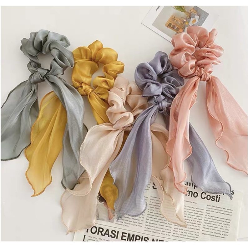 Ikat Rambut Karet Scrunchie Panjang untuk Wanita Korea Motif Polos Bahan Satin Dalika