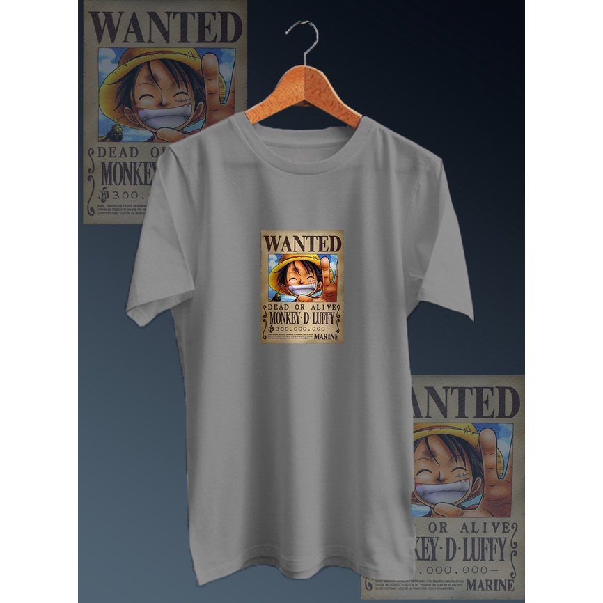 KAOS DISTRO COTTON COMBED PE 30S DEPAN /TSHIRT GAMBAR DIGITAL FULLPRINT WANTED LUFFY NECK/LENGAN PENDEK