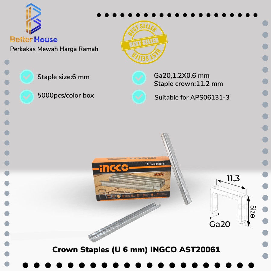 

Crown Staples (U 6 mm) INGCO AST20061 - Refill Isi Steples Tembak U6