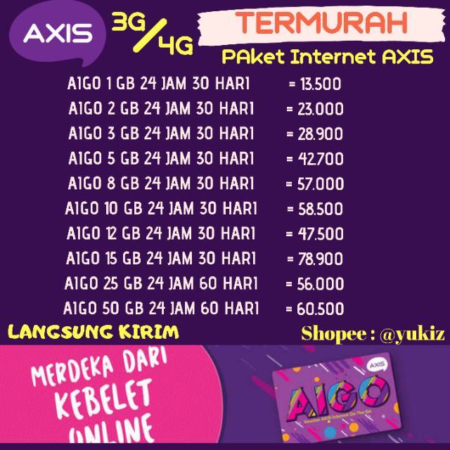Paket Voucher Data Kuota Internet AXIS AIGO 1GB  2GB 5GB 10GB 25GB 50GB