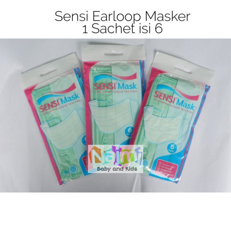 Masker SENSI Original Medis Earloop Sachet isi 6 (warna biru, hijau, pink)