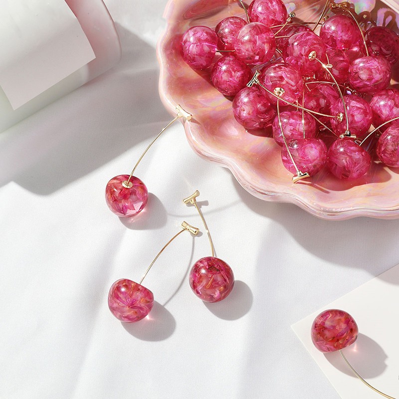 Anting Stud Panjang Desain Buah Cherry Gaya Jepang