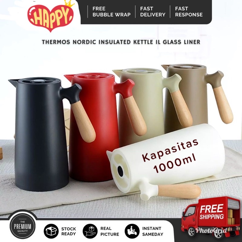 Teko Termos Air Panas Vacuum Flask dengan Handle Motif Kayu 1000ml