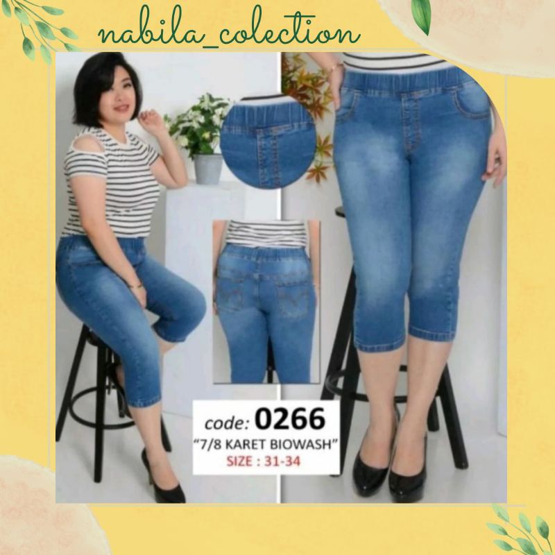 celana jeans wanita pinggang karet 7/8