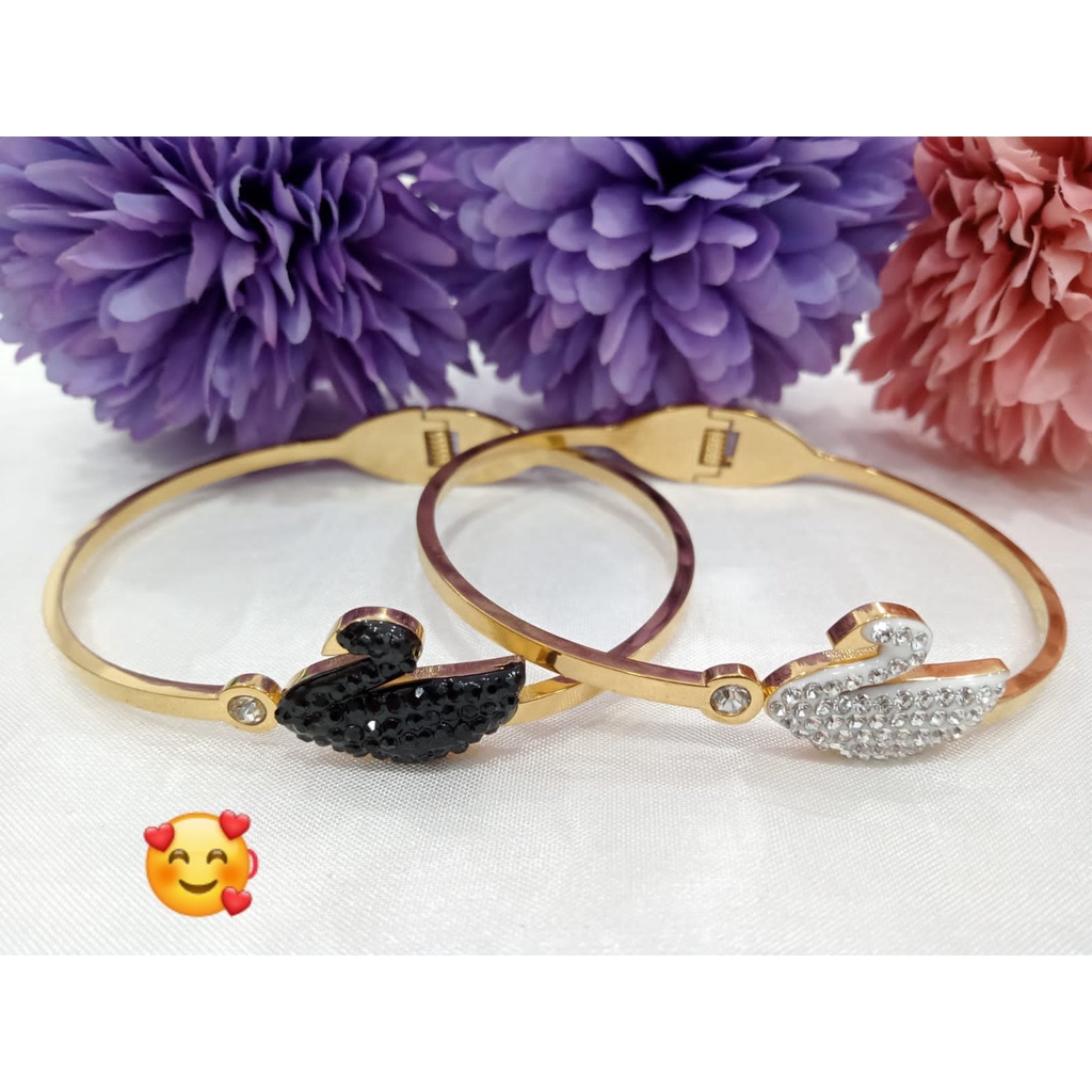 Gelang Bangle Titanium Lapis Emas Wanita Ori / Gelang Titanium Mata Black / Gelang Titanium Cewek Model Baru