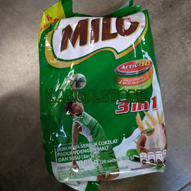 

Milo 3 in 1 700gr 20x35gr polybag susu bubuk cokelat chocolate