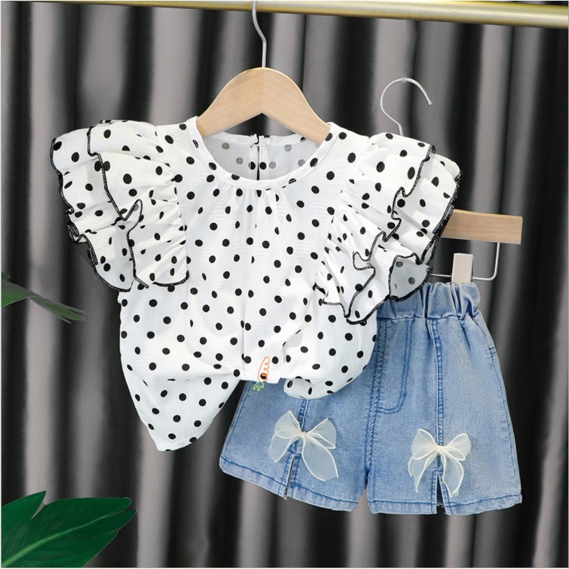 Setelan baju atasan dan jeans anak/pakaian bayi anak perempuan motif polkadot kualitas premium