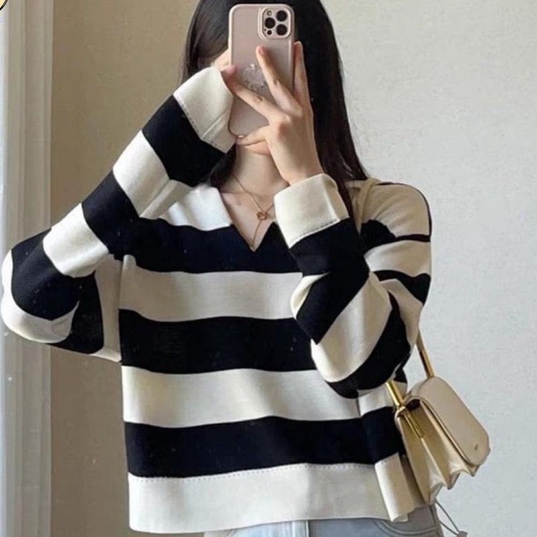 FUJI ATASAN RAJUT BLOUSE BB30-50KG CROPTOP BLASTER GARIS SALUR FUJI SWEATER BAJU BELANG BAJU KERAH KEMEJA WANITA KOREA STYLE