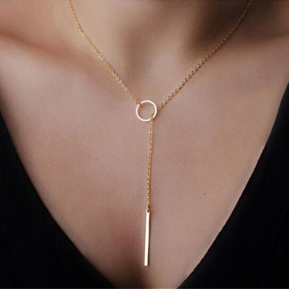 Gold Plated Metal Chain Bar Circle Lariat Necklace Long Strip Pendant Necklaces