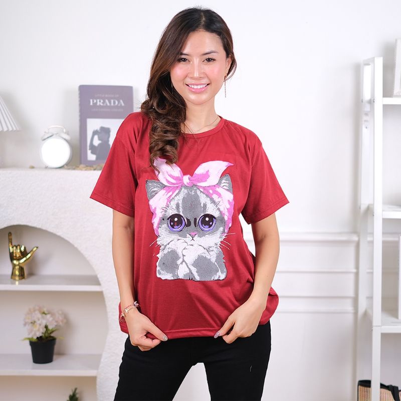 Medan Termurah Fit to xl LD 106 Kaos Meyong cute Dont touch bandana flower Kaos day wanita cat