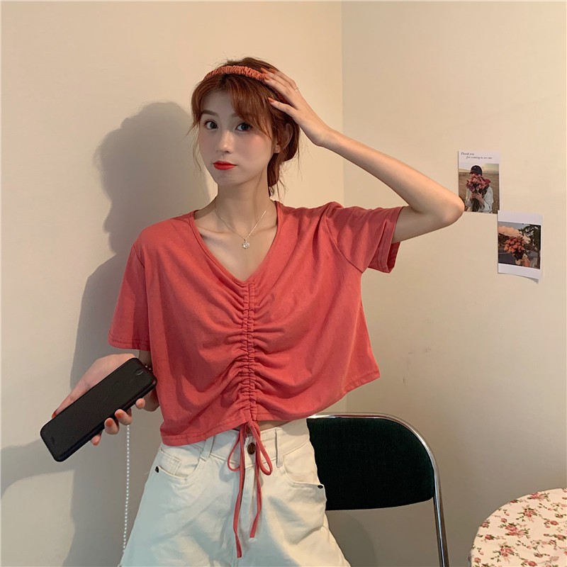 ANNA Kaos Crop Serut Atasan Wanita Korea NR