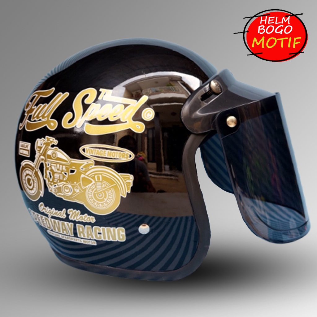 HELM BOGO CLASSIC MOTIF KACA DATAR INJAK HITAM SMOKE MURAH HELM SNI PREMIUM UNTUK PRIA DAN WANITA DEWASA COD