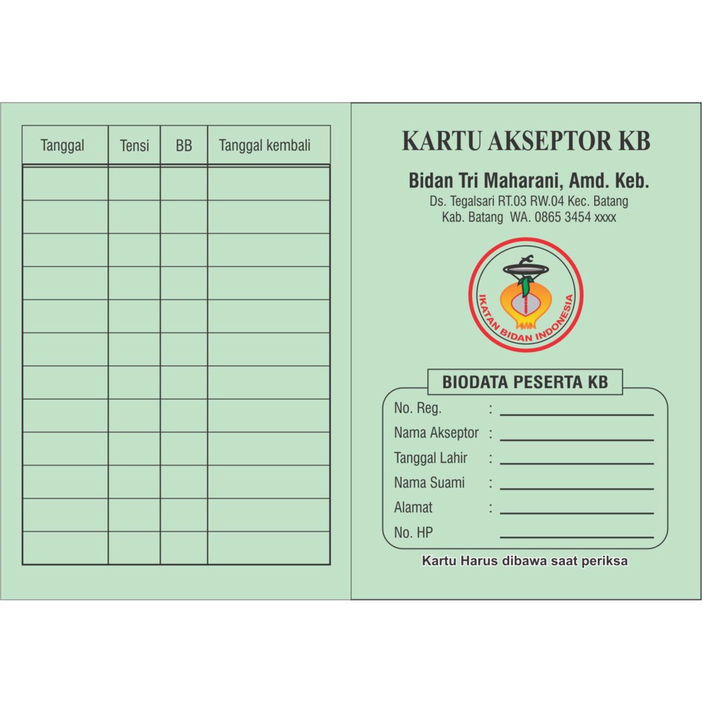 KARTU AKSEPTOR KB / Kartu Peserta KB / Kartu Kb / Buku KB / Buku Peserta KB / Kartu KB lipat (isi 100 lbr)