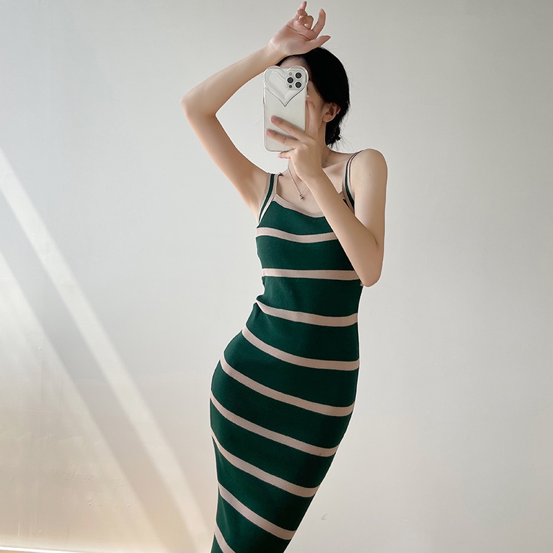 【Elegant】Korean Summer  Sexy Striped Knit Bodycon Midi Dress 7493