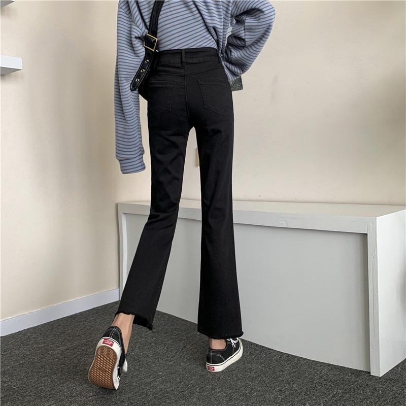 yikoo-Celana Panjang Hitam Korea Jeans Flare Wanita