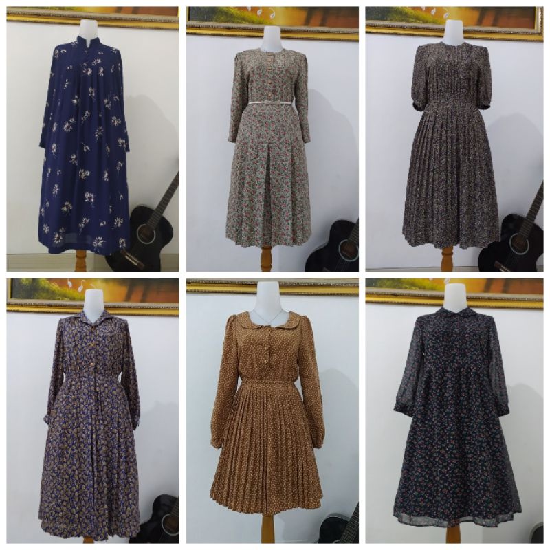 (BISA COD) Dress Vintage, Dress Bunga, Dress Tartan, Longdress, Dressmidi