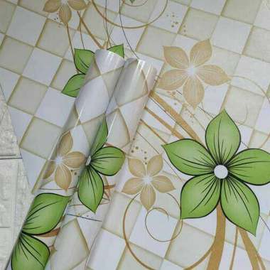 Wallpaper Dinding Motif Bunga Hijau Gold Kotak