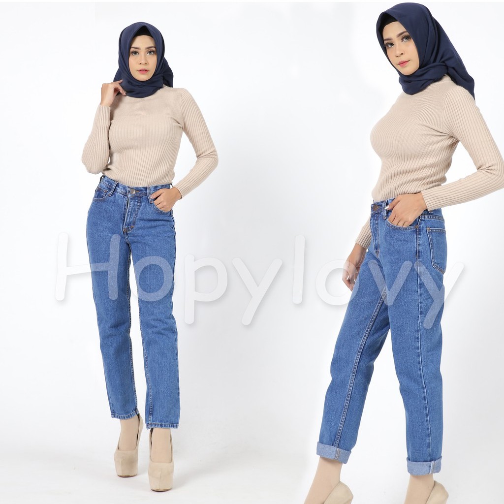 HOPYLOVY - Celana Boyfriend Wanita /  Plain Boyfriend Jeans / BF Polos