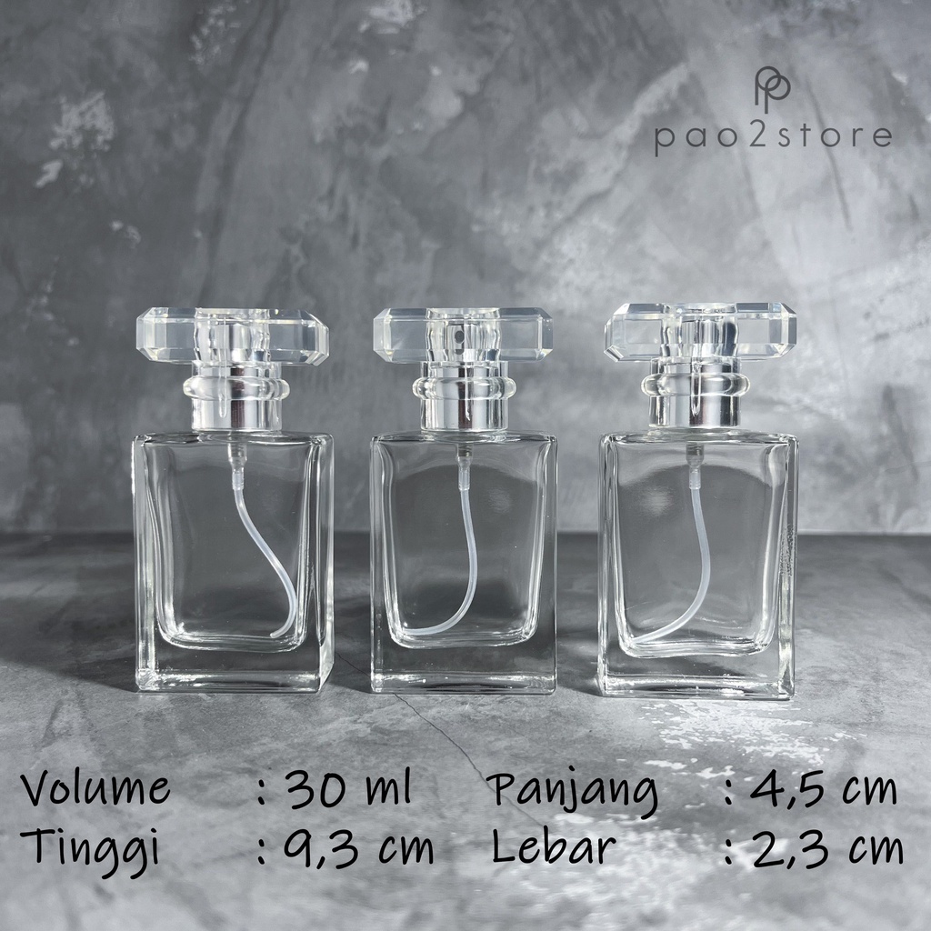 Botol Parfum 30ml Spray Kaca Kotak Tebal Transparan / Clear Refill Isi Ulang Perfume Minyak Wangi - CHA