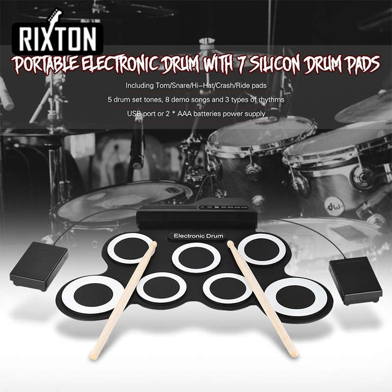 Rixton Drum Elektronik Portabel Digital USB 7 Bantalan Roll up Drum Set Silicone Electric Drum Pad Kit