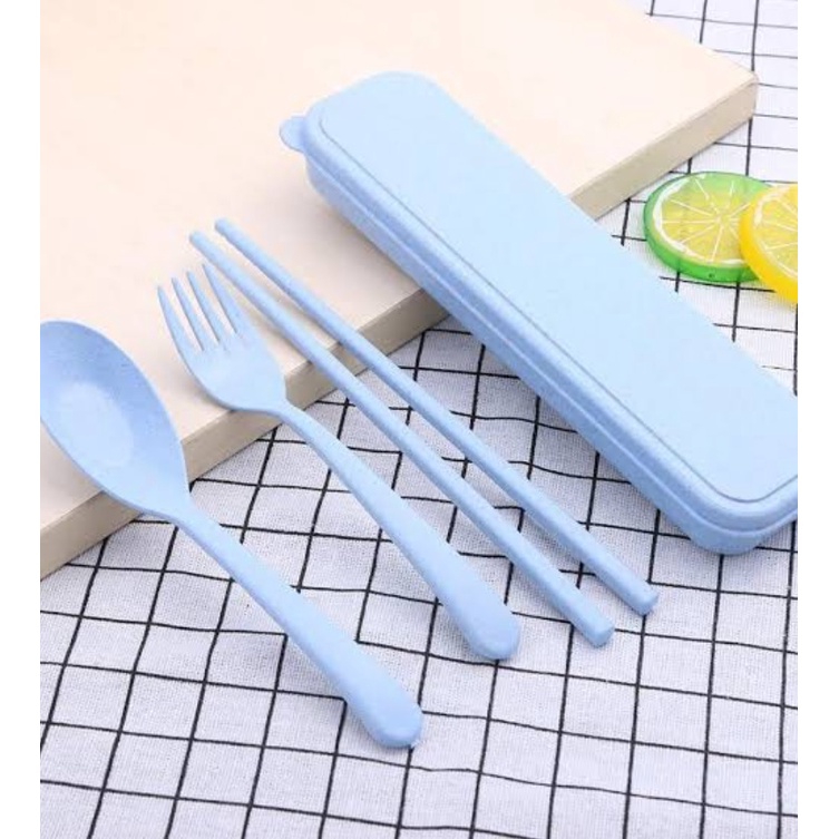 Sendok Set Jerami Souvenir Korean Sumpit Travel Gandum Unik Alat Makan Kado Lunch Box Kotak Makan-BIRU