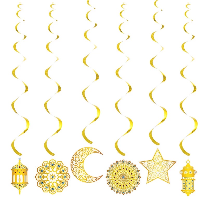 6pcs Banner Spiral Eid Mubarak Warna Emas Untuk Pesta Ramadhan
