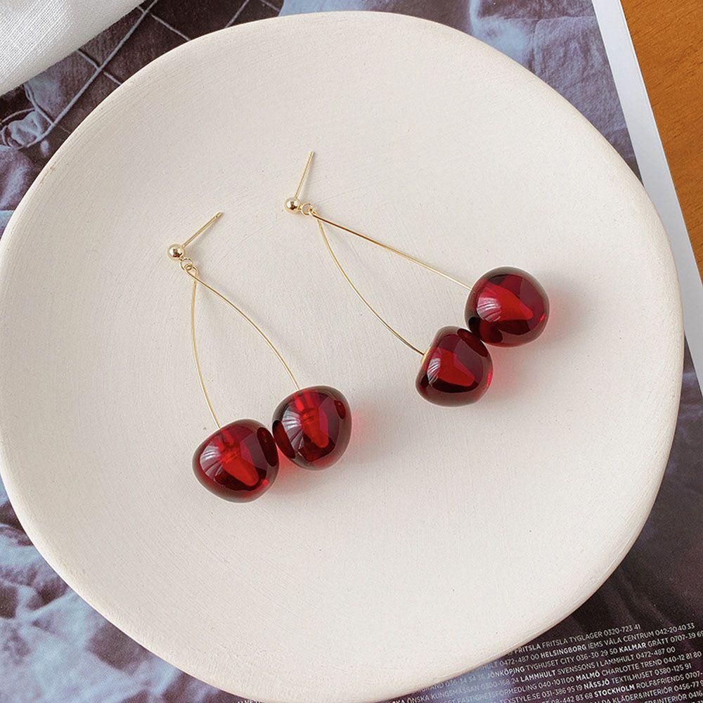 Needway Drop Earrings Lucu Pesta Aksesoris Fashion Buah Resin Merah Cherry Stud Earrings