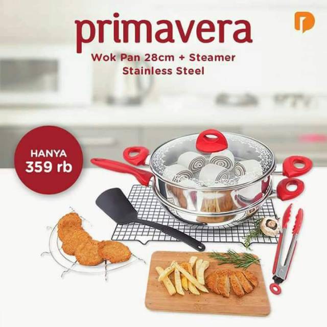 PRIMAVERA Wok pan 28cm + steamer stainlessteel