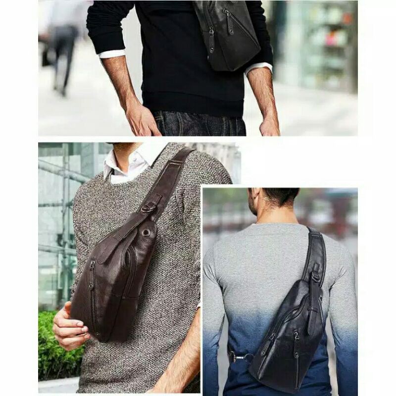 Sling Bag Pria tas selempang dada kulit cod import travel kualitas premium leather waterproof mewah 