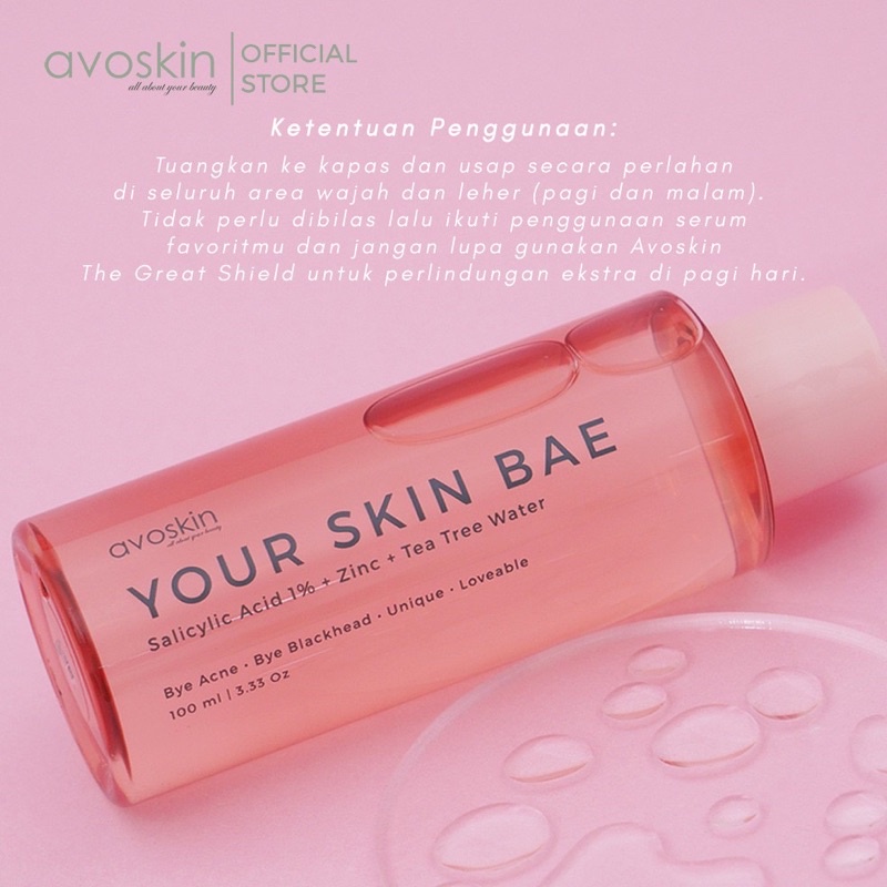 AVOSKIN Your Skin Bae TONER Salicylic Acid 1% + Zinc + Tea Tree Water 100ml BPOM