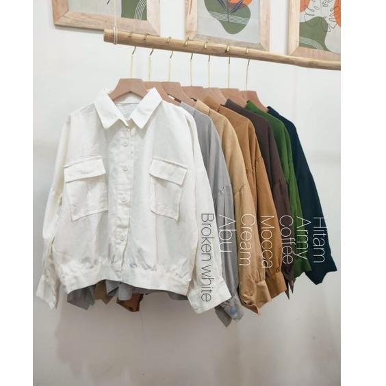 Minvina Shirt Crop Oversized Outer Linen | Outer Bigsize Wanita Lengan Balon | Busan Jaket Linen ‣ R
