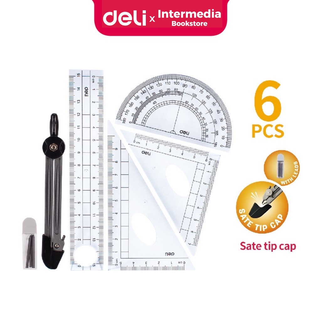 

Deli E9609 Jangka-penggaris set 6pcs 15cm PS tembus berkualitas, tahan lama, tas zip PVC Transparan