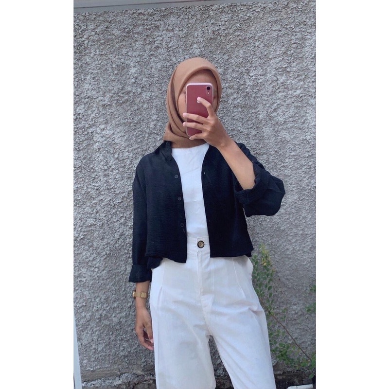 Tq88indonesia Baju Kemeja Cewek BELFIE CROP / Atasan Wanita Terbaru / Kem Polos Lengan Panjang / Ootd Kekinian