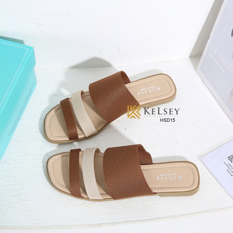 Kelsey Sandal Slop Wanita Import HSD15 Bahan Kulit Cantik Bangget Sandal Flat 1cm