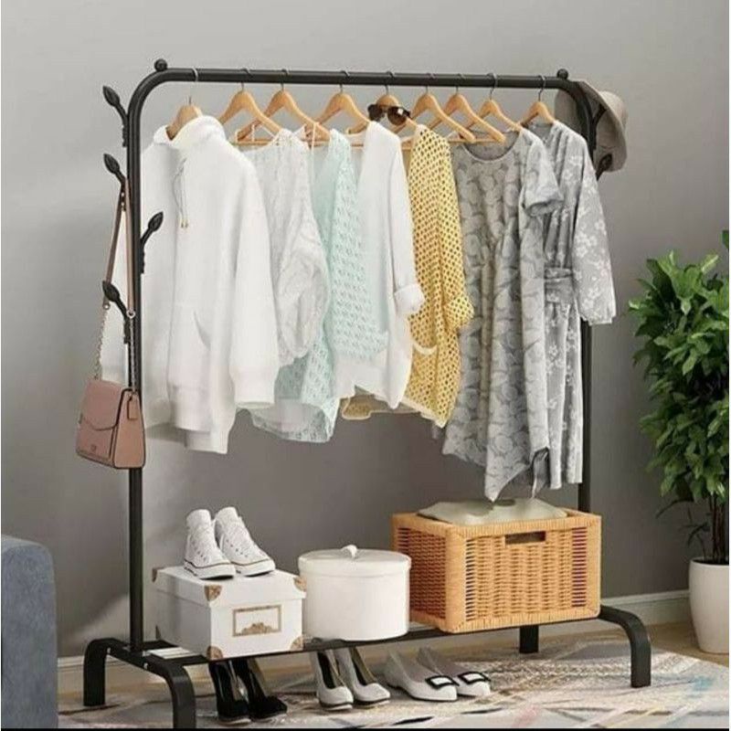 RAK BAJU BESI Windproof Clothes Hanger Rak Pakaian Gantungan Topi Hitam jaket tas Serbaguna SINGLE